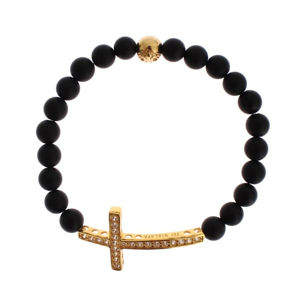 Nialaya Matte Onyx Stone Gold CZ Cross 925 Silver Women's Bracelet